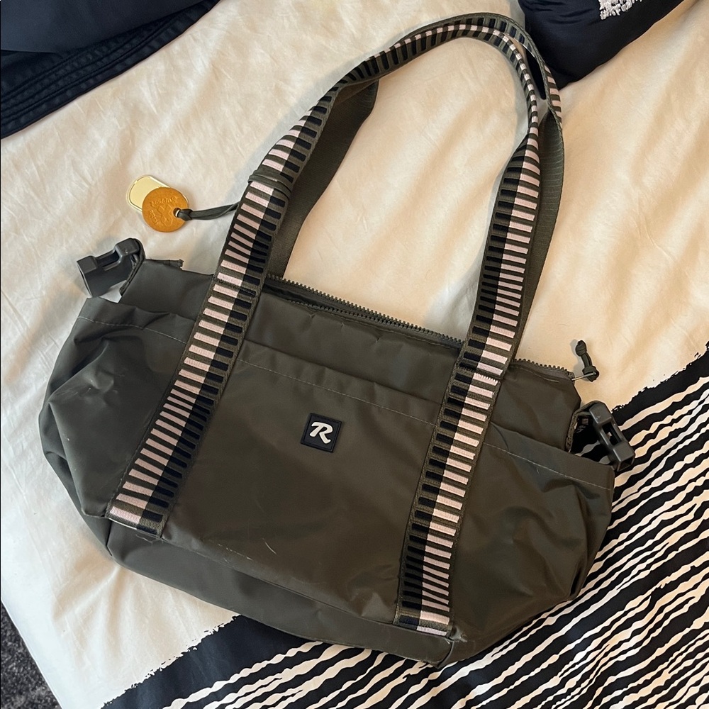 Roxy Olive Tote Bag with Striped Webbing Handles